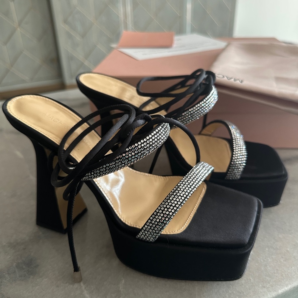 MACH & MACH Devon crystal-embellished black satin platform sandals 38